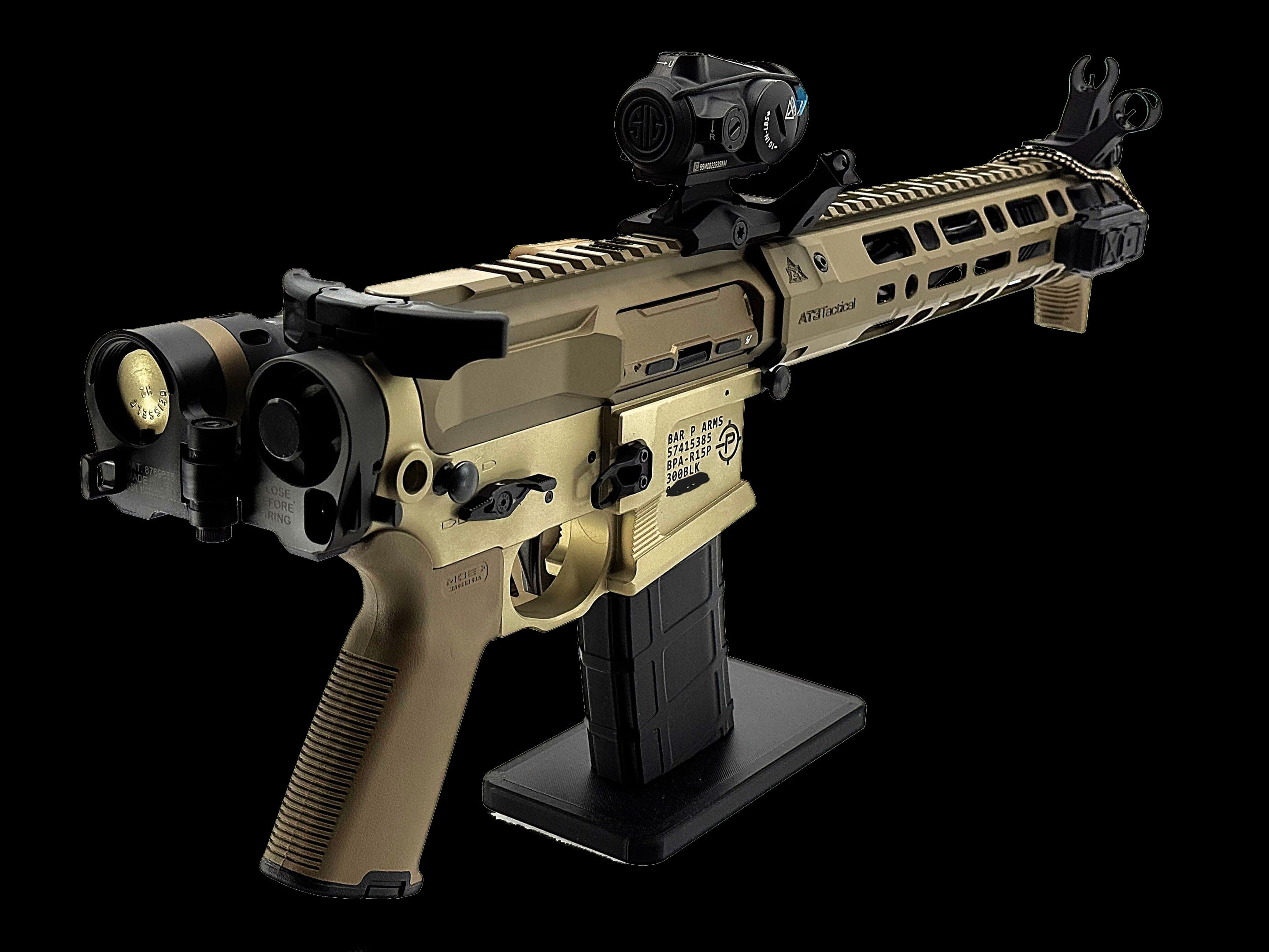 A tan Bar Precision firearm shown on a display stand