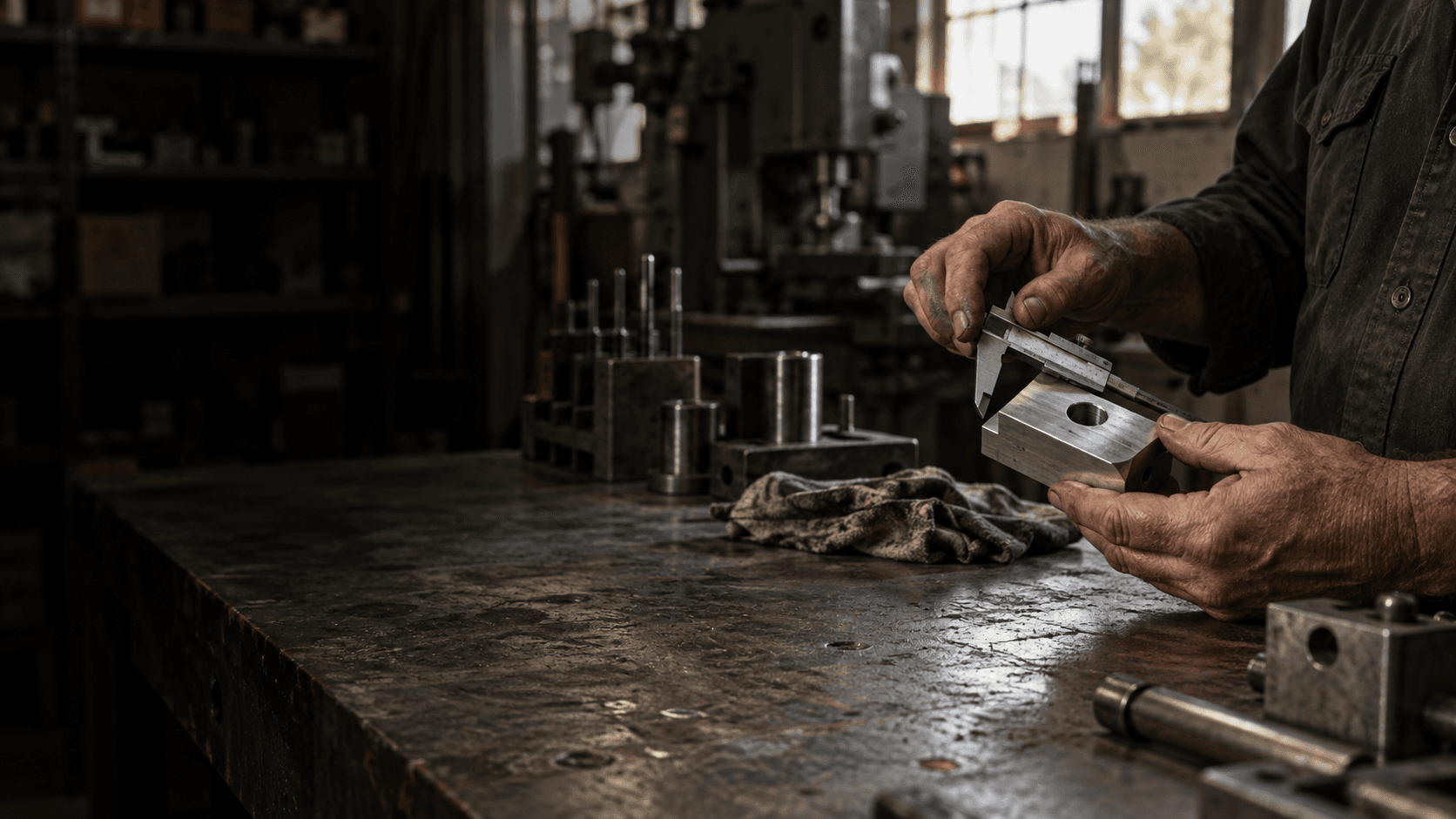 Illustrative photograph of careful metalwork at a workshop bench